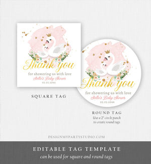 Editable Floral Swan Baby Shower Favor Tags Thank You Tags Swans Girl Pink Gold Princess Swan Stickers Decor Digital Corjl Template 0382