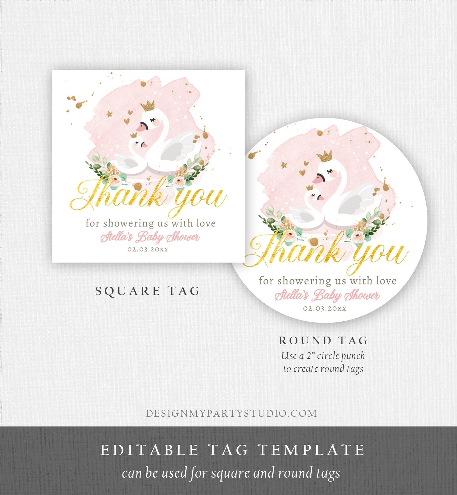 Editable Floral Swan Baby Shower Favor Tags Thank You Tags Swans Girl Pink Gold Princess Swan Stickers Decor Digital Template Printable 0382