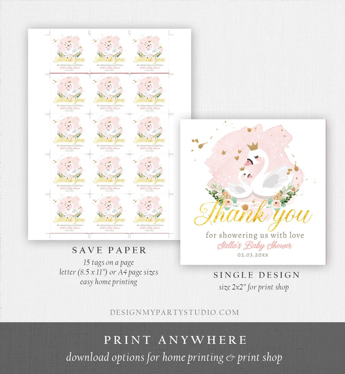 Editable Floral Swan Baby Shower Favor Tags Thank You Tags Swans Girl Pink Gold Princess Swan Stickers Decor Digital Template Printable 0382