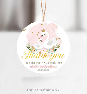 Editable Floral Swan Baby Shower Favor Tags Thank You Tags Swans Girl Pink Gold Princess Swan Stickers Decor Digital Corjl Template 0382