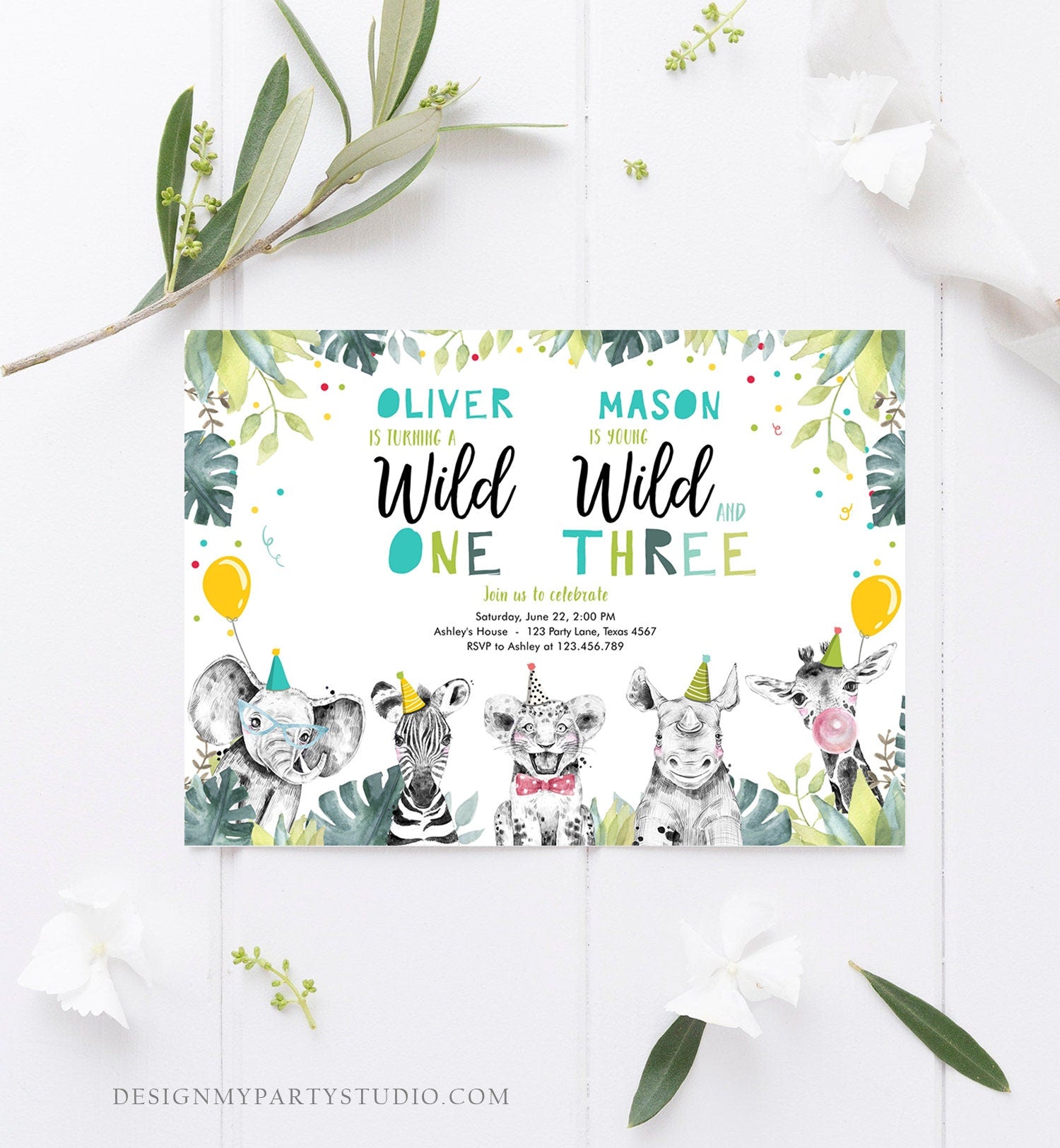 Editable Wild One Young Wild and Three Birthday Invitation Party Animals Boy First Third Birthday Safari Coed Joint Template Printable 0322