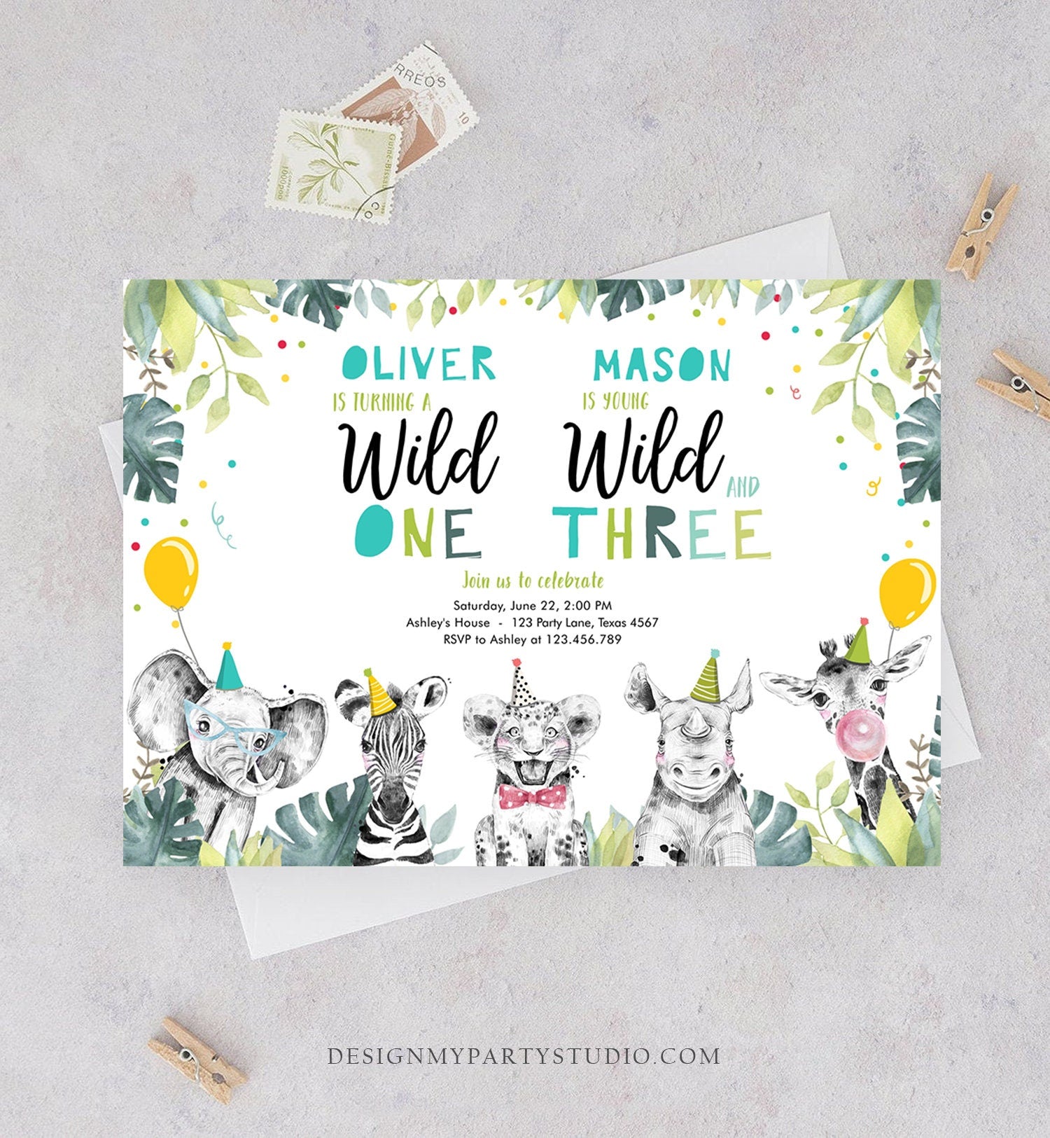 Editable Wild One Young Wild and Three Birthday Invitation Party Animals Boy First Third Birthday Safari Coed Joint Template Printable 0322