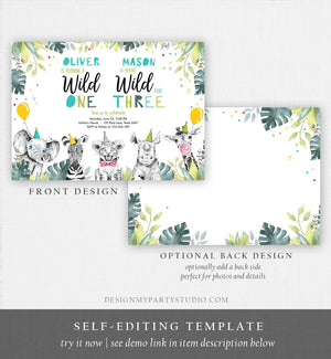 Editable Wild One Young Wild and Three Birthday Invitation Party Animals Boy First Third Birthday Safari Coed Joint Corjl Template 0322