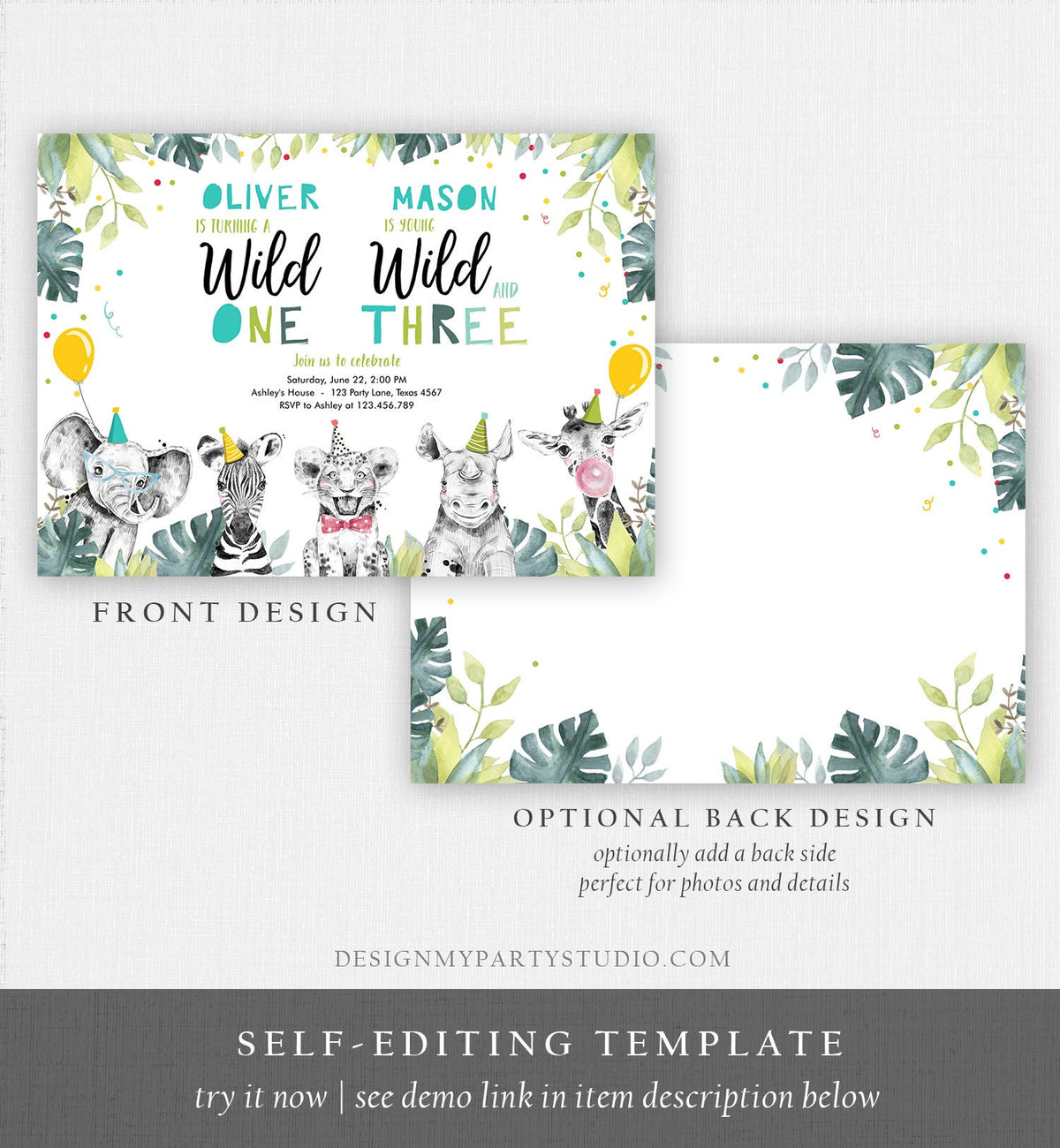 Editable Wild One Young Wild and Three Birthday Invitation Party Animals Boy First Third Birthday Safari Coed Joint Template Printable 0322