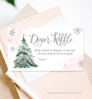 Editable Winter Tree Diaper Raffle Tickets Baby Shower Blush Pink Girl Watercolor Christmas Game Sprinkle Corjl Template Printable 0363