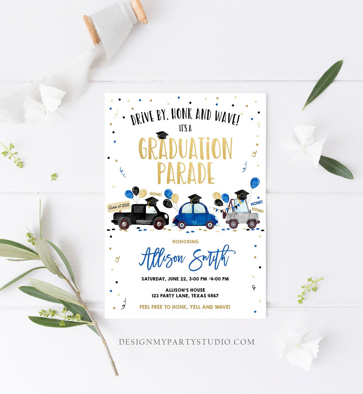 Editable Drive By Graduation Parade Invitation Virtual Party Navy Blue Girl Boy Graduate High School Grad Class 2021 Digital Corjl 0337