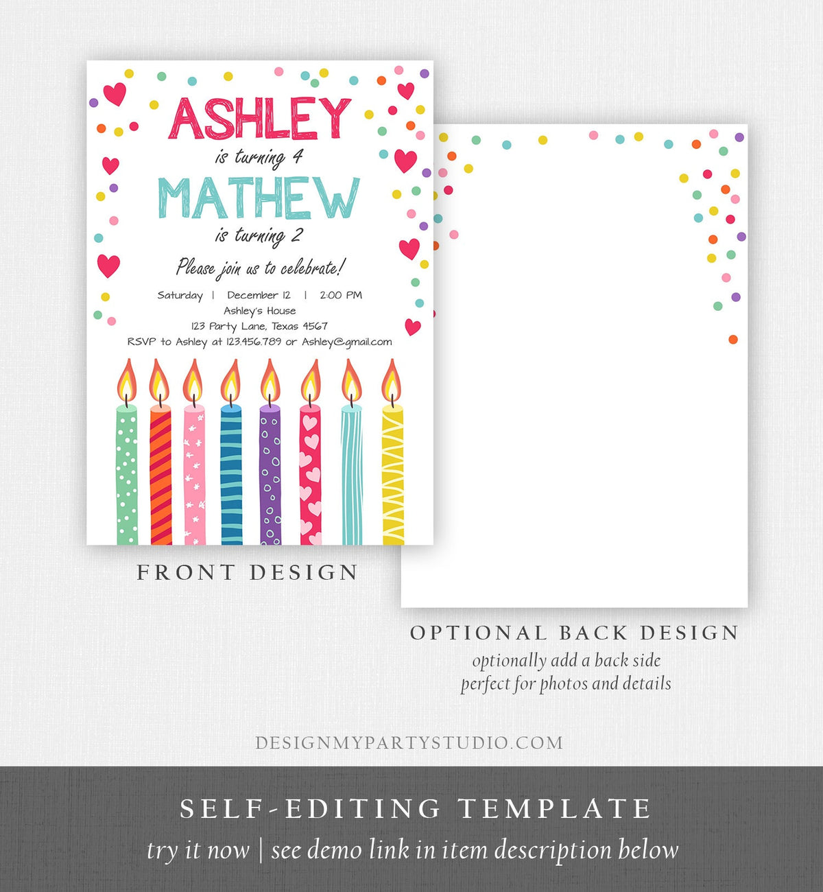 Editable Valentine Twin Birthday Invitation Twins Joint Confetti Hearts Siblings Party Boy Girl Digital Corjl Template Printable 0277