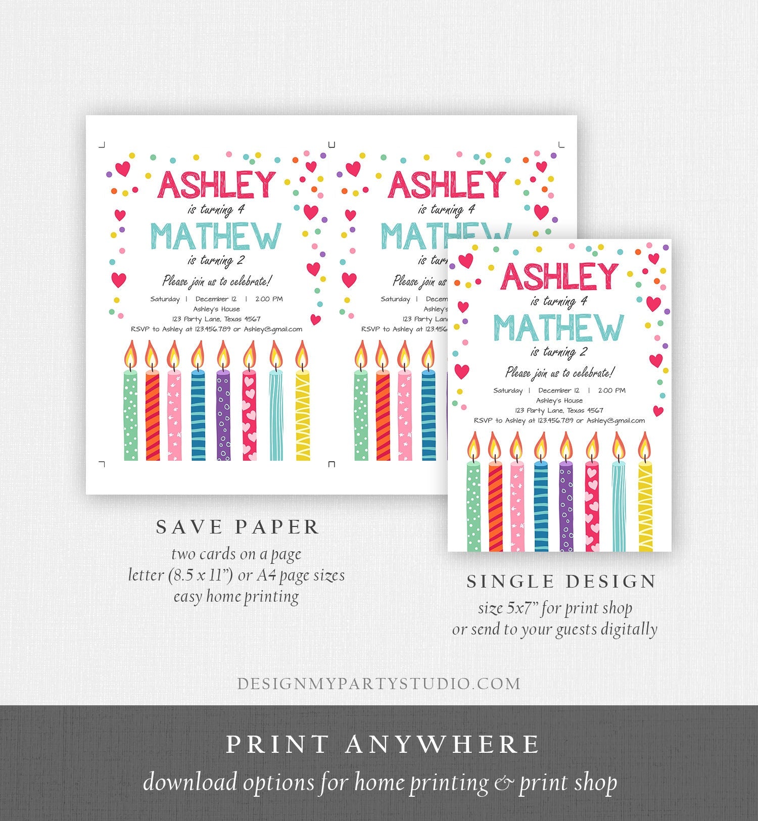 Editable Valentine Twin Birthday Invitation Twins Joint Confetti Hearts Siblings Party Boy Girl Digital Corjl Template Printable 0277