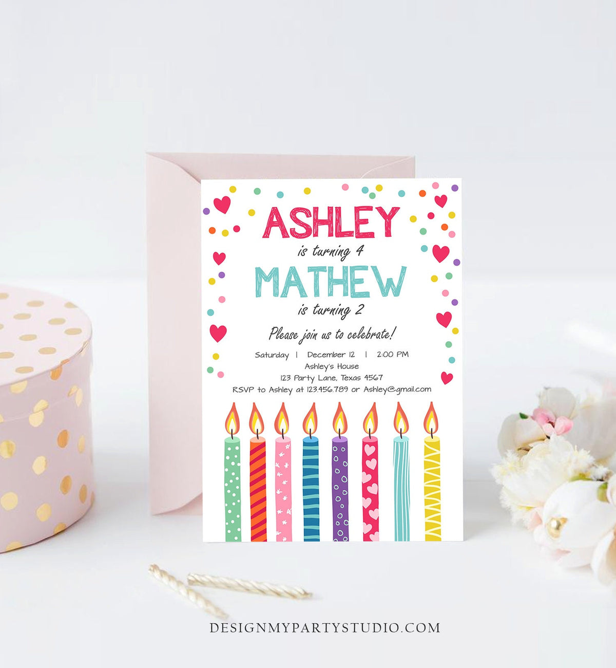 Editable Valentine Twin Birthday Invitation Twins Joint Confetti Hearts Siblings Party Boy Girl Digital Corjl Template Printable 0277