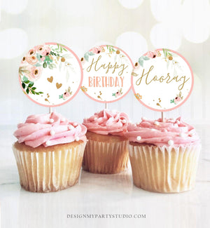 Little Miss Onederful Birthday Cupcake Toppers Favor Tags Girl Happy Birthday Party Decor Floral Pink Gold download Digital PRINTABLE 0147
