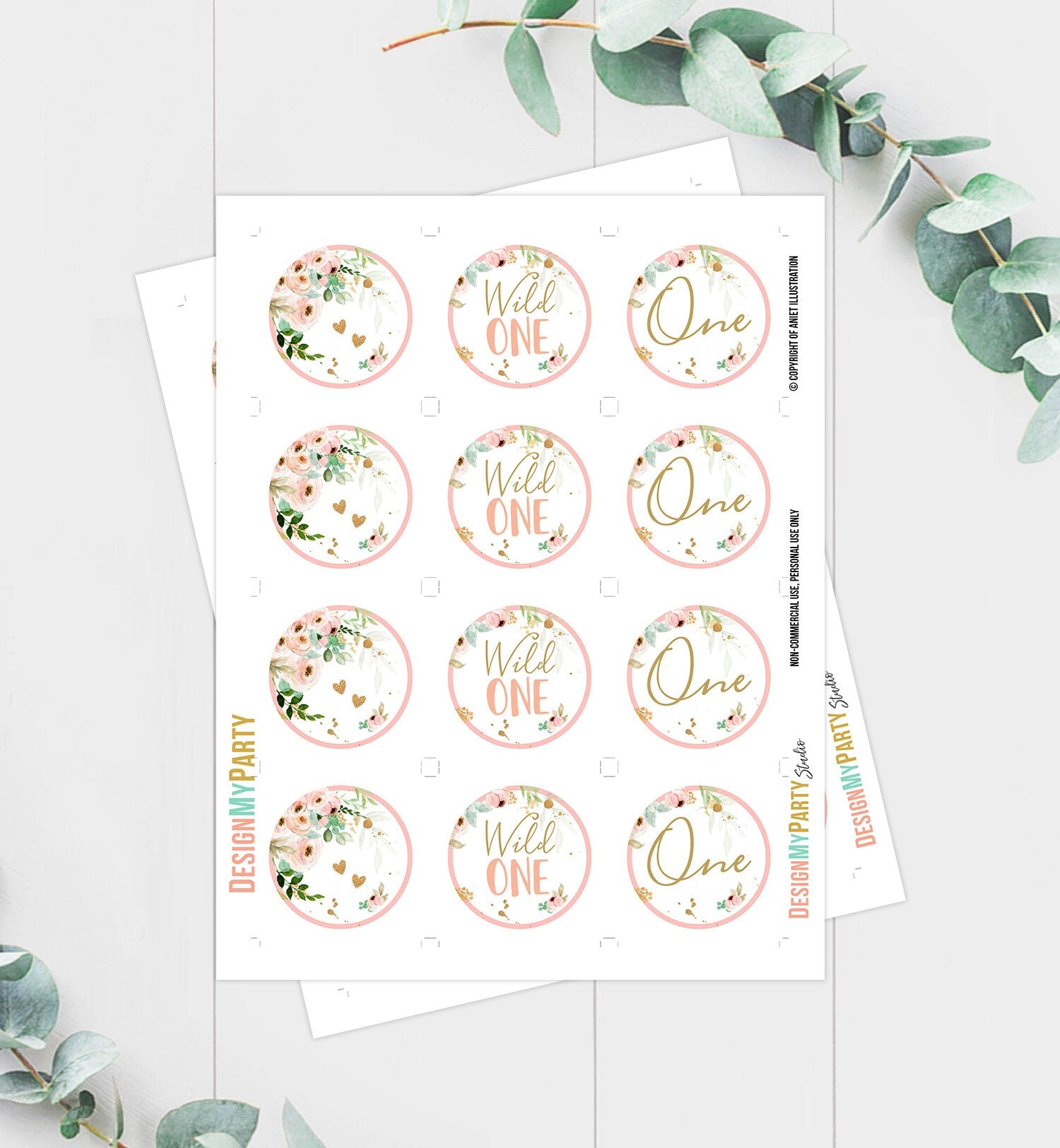 Wild One Birthday Cupcake Toppers Favor Tags Girl First Birthday Party 1st One Decor Floral Pink Gold download Digital PRINTABLE 0147