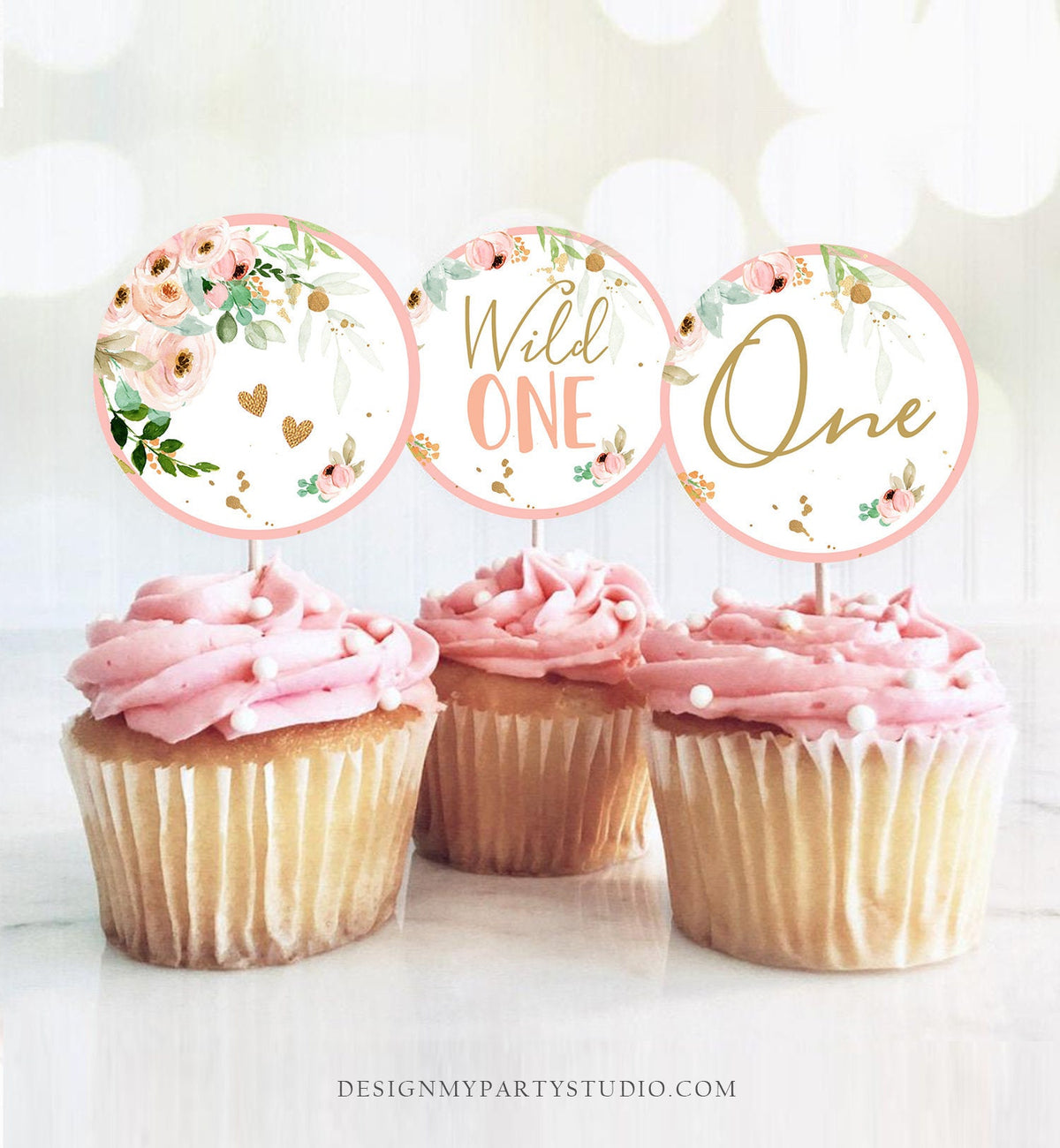 Wild One Birthday Cupcake Toppers Favor Gift Tag Girl First Birthday Party 1st One Decor Floral Pink Gold Digital Download Printable 0147