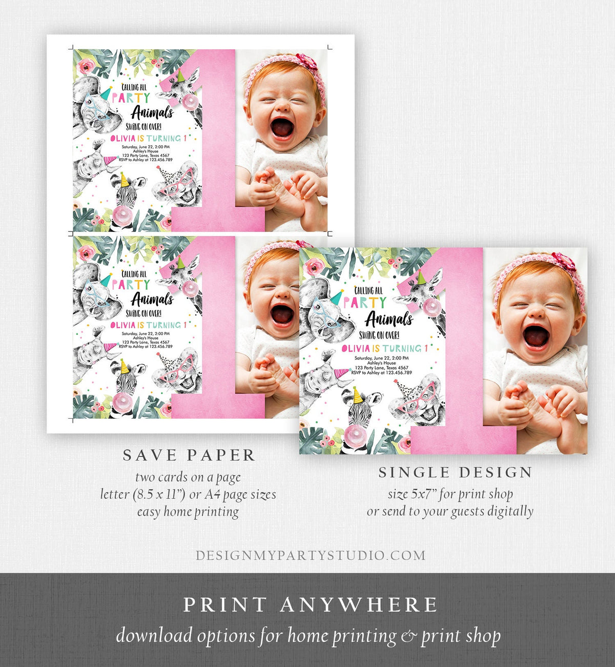 Editable Party Animals Birthday Invitation Wild One Animals Wild Safari Animals Girl Digital Download Evite Template Printable 0322