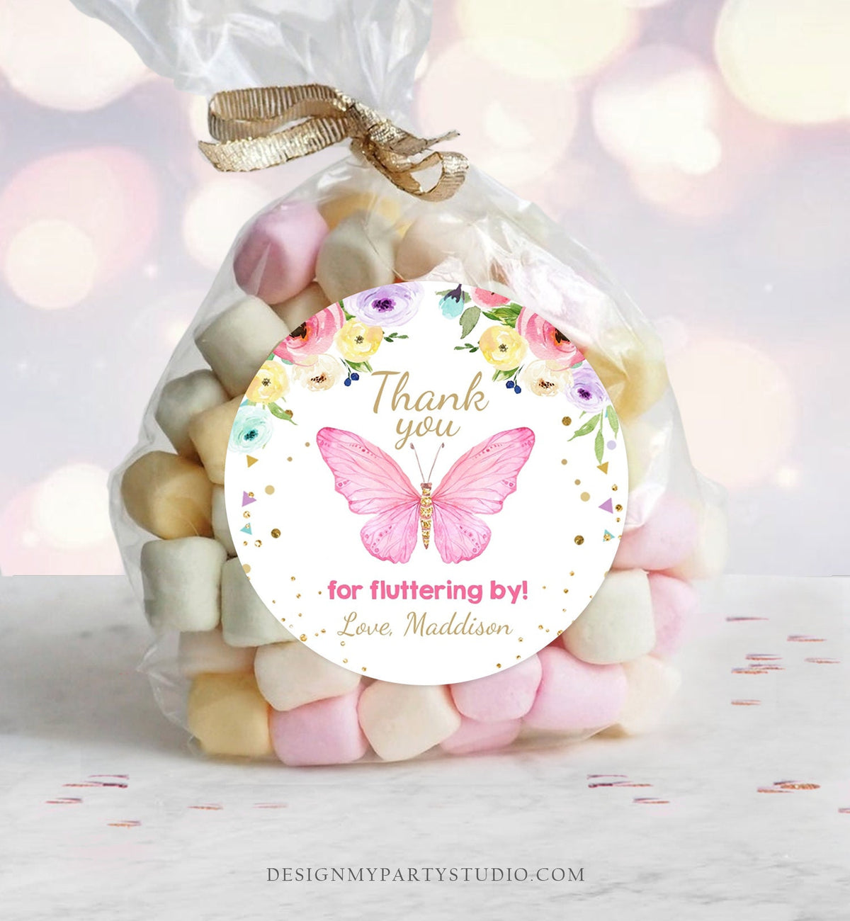 Editable Butterfly Favor Tags Butterfly Birthday Thank you tags Garden Shower Pink Gold Girl Fluttering By Digital Template Printable 0162