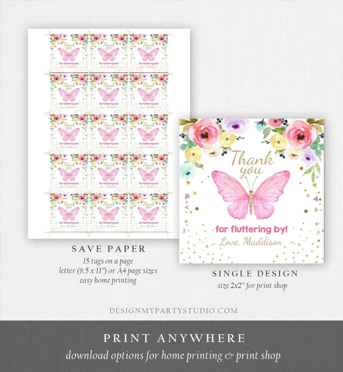Editable Butterfly Favor Tags Butterfly Birthday Thank you tags Garden Shower Pink Gold Girl Fluttering By Digital Template Printable 0162