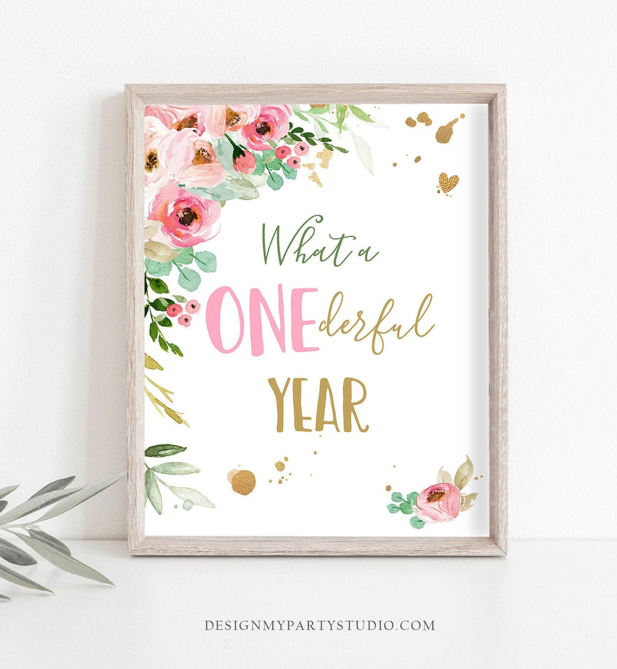 First Birthday Sign 1st Birthday Party Sign Flowers Pink and Gold Coral Onederful Year Sign Miss Onederful Decor Download Printable 0147