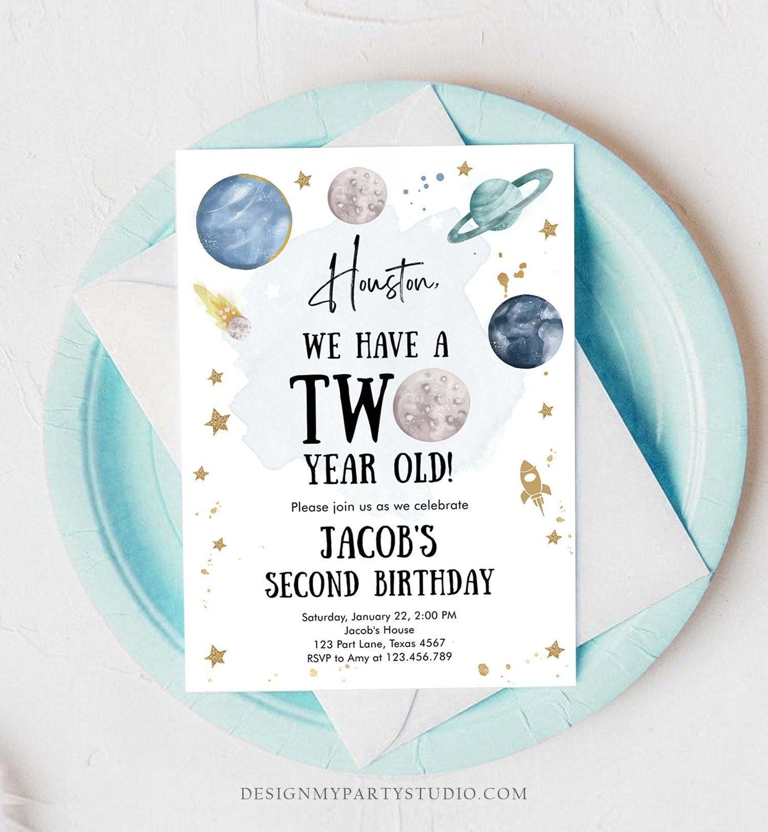 Editable Outer Space 2nd Birthday Invitation Galaxy Houston Two Year Old Second Birthday Boy Download Printable Template Digital Corjl 0357