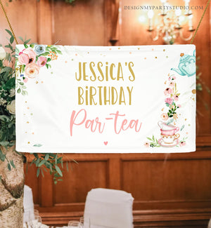 Editable Tea Birthday Backdrop Tea for Two Birthday Girl Pink Gold Floral Tea Party Par-tea Whimsical Tea Corjl Template Printable 0349