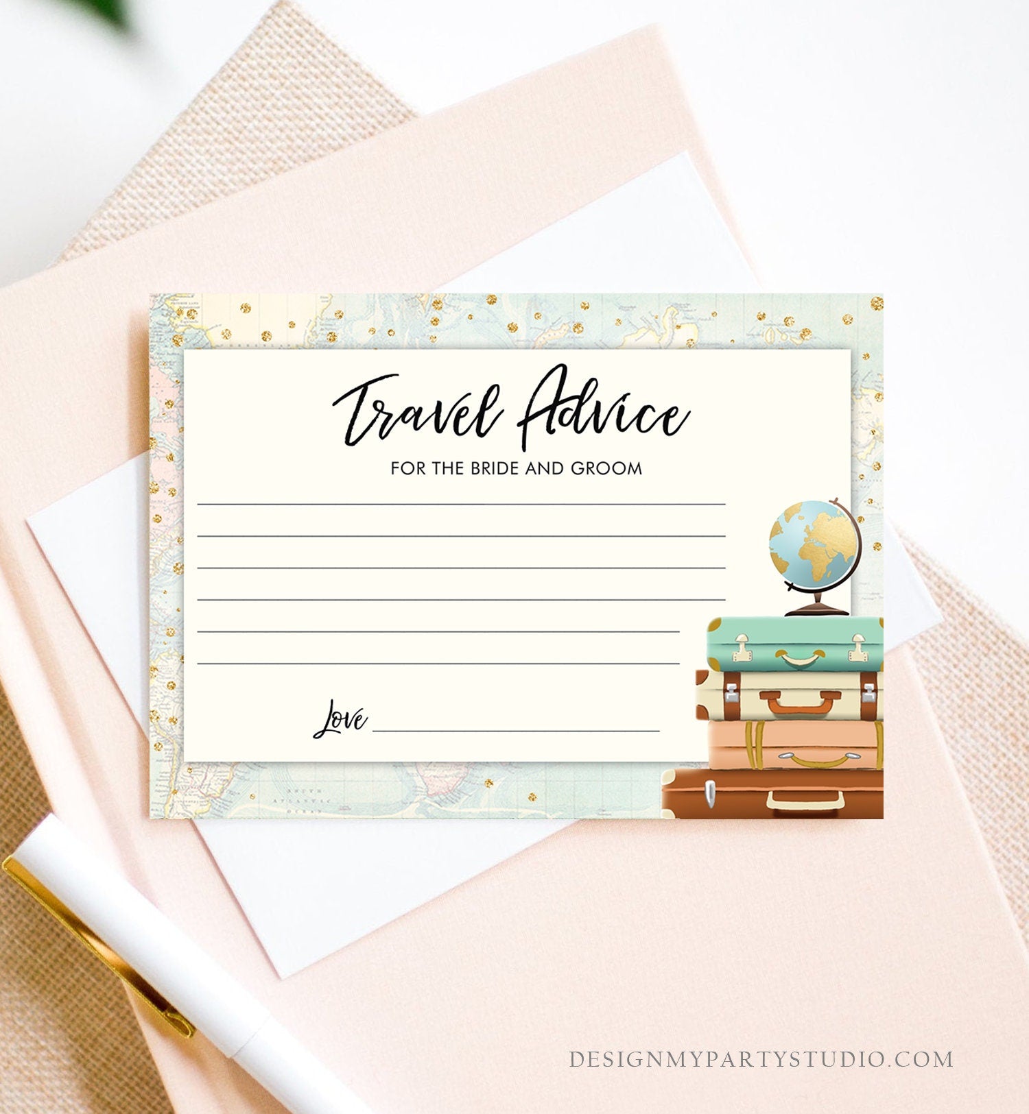 Editable Advice for the Bride-to-Be Card Bridal Shower Travel Words of Wisdom Advice for Bride Game Adventure Suitcases Corjl Template 0263