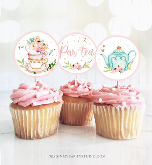 Tea Party Cupcake Toppers Tea Birthday Cupcake Toppers Favor Tag Girl Tea For Two Whimsical Floral Pink Gold Download Digital PRINTABLE 0349