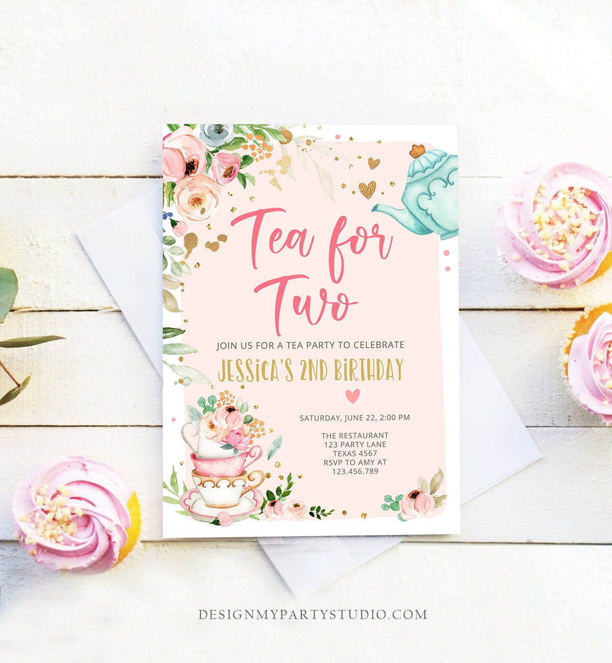 Editable Tea for Two Birthday Invitation Girl Tea Party Invite Pink Gold Floral Peach Pink Digital Download Evite Template Printable 0349
