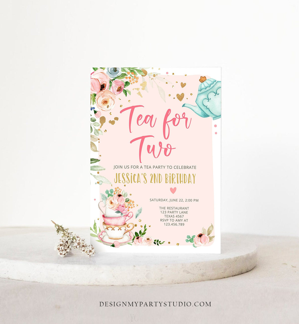 Editable Tea for Two Birthday Invitation Girl Tea Party Invite Pink Gold Floral Peach Pink Digital Download Evite Template Printable 0349