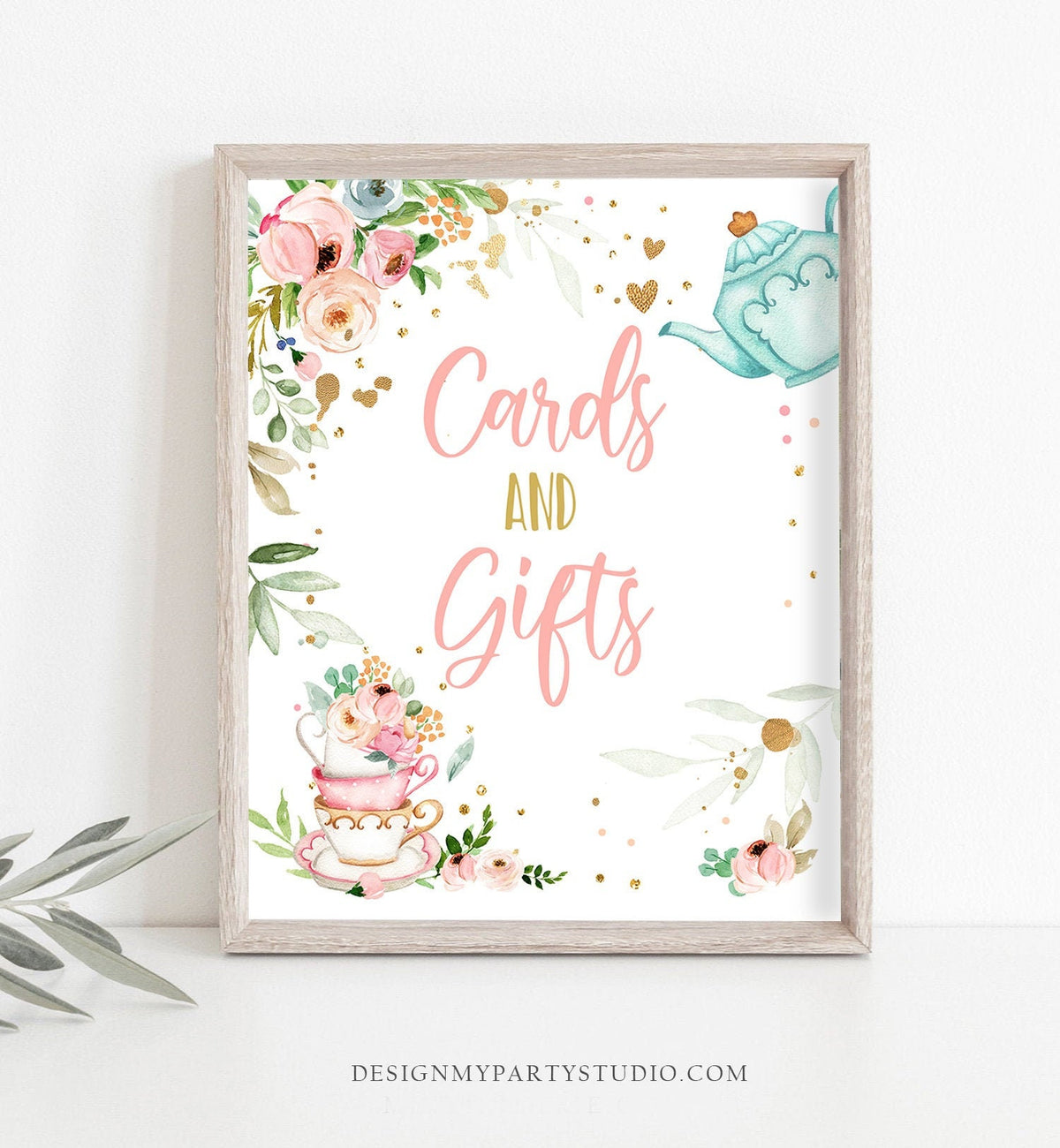 Cards and Gifts Tea Party Sign Par-tea Birthday Sign Pink Gold Floral Tea Birthday Decorations Tea for Two Instant Download Printable 0349