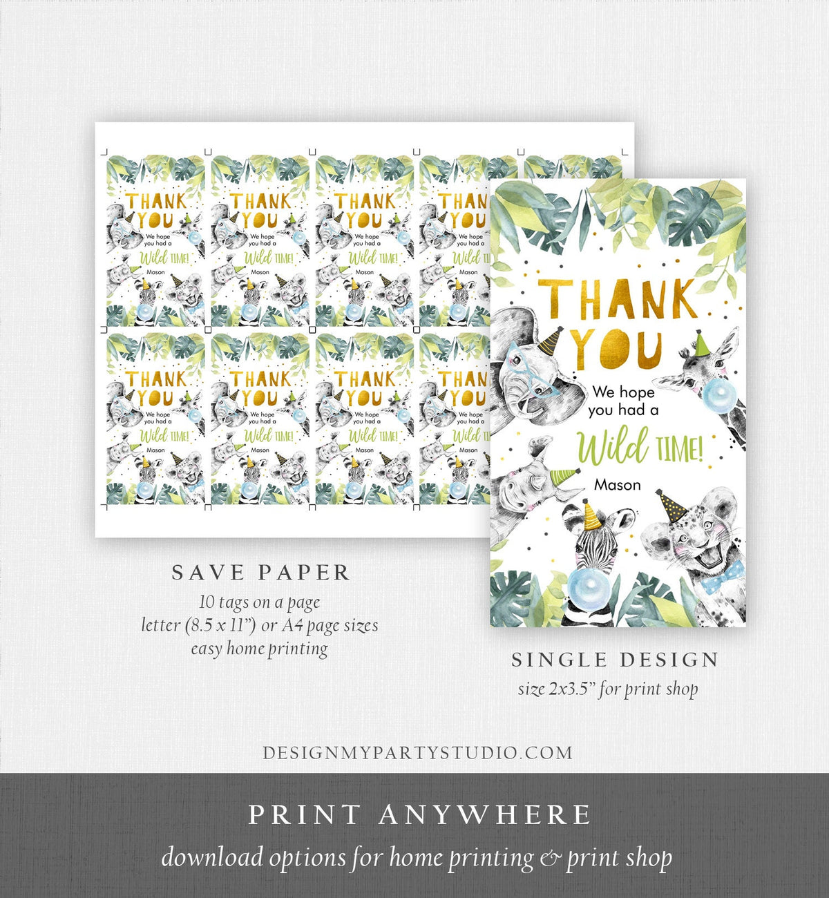 Editable Party Animals Favor Tags Boy Wild One Safari Animals Thank You Tags Gold Birthday Wild Time Gift Digital Template Printable 0322
