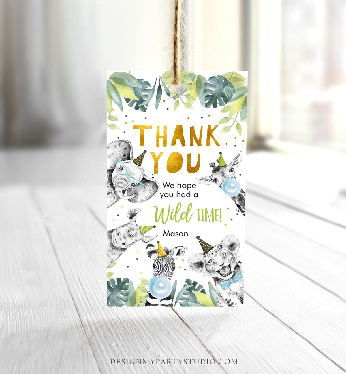 Editable Party Animals Favor Tags Boy Wild One Safari Animals Thank You Tags Gold Birthday Wild Time Gift Digital Template Printable 0322