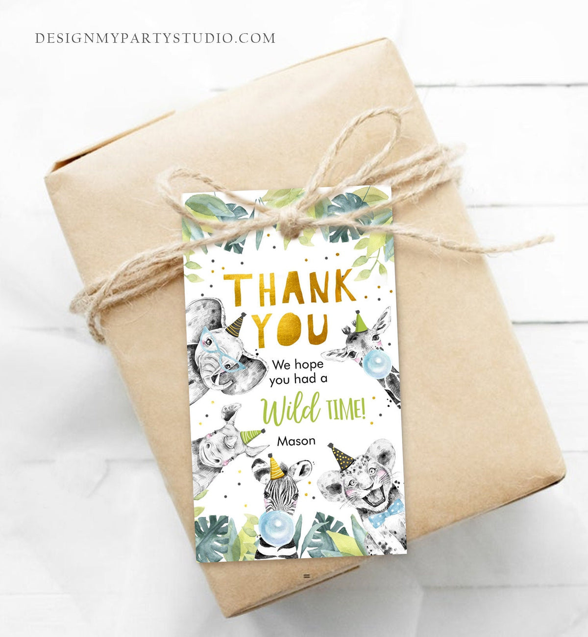 Editable Party Animals Favor Tags Boy Wild One Safari Animals Thank You Tags Gold Birthday Wild Time Gift Digital Template Printable 0322