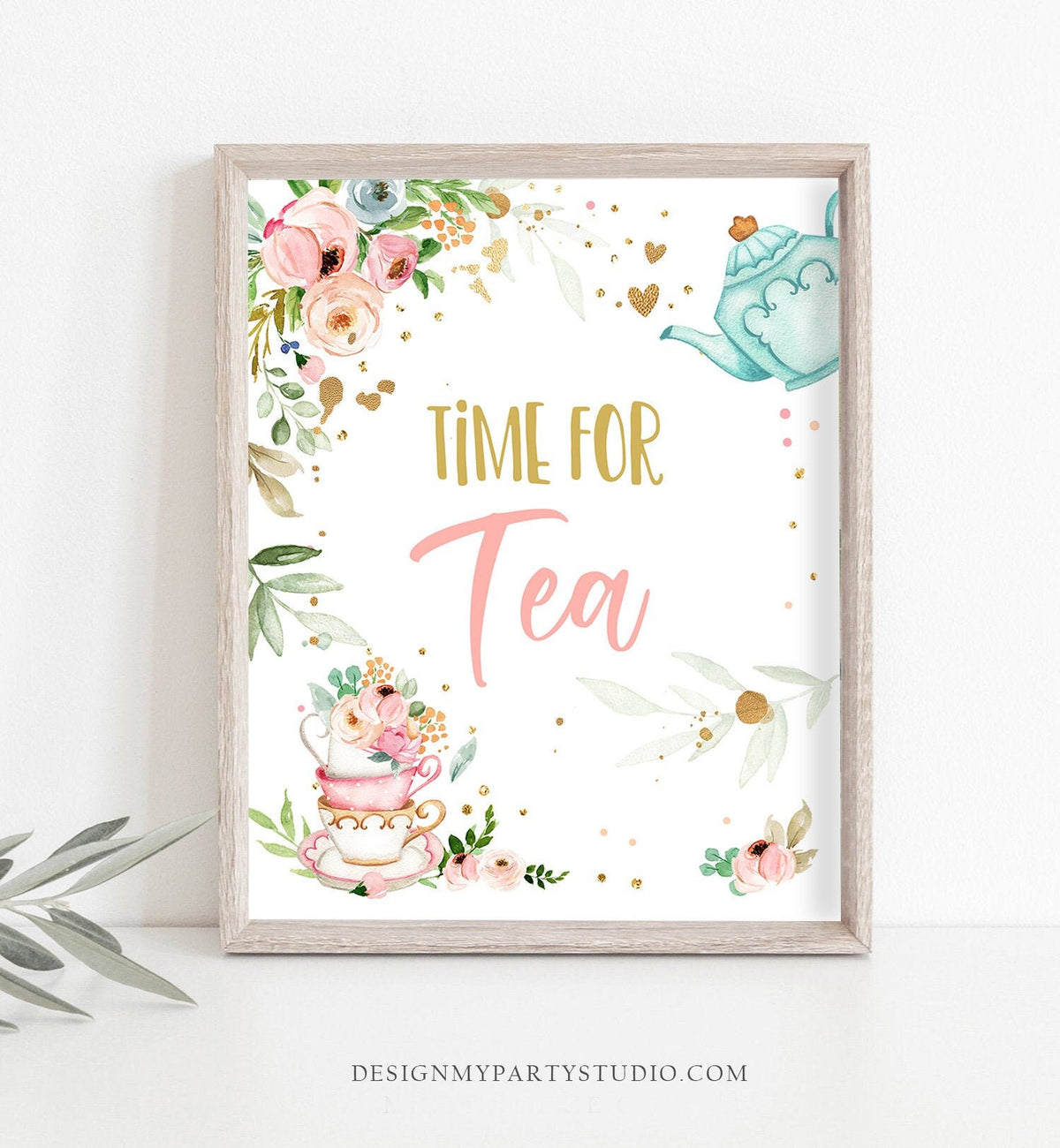 Time for Tea Party Sign Tea Birthday Sign Tea for Two Pink Gold Floral Decor Tea par-tea Table Sign Girl Treats Download Printable 0349