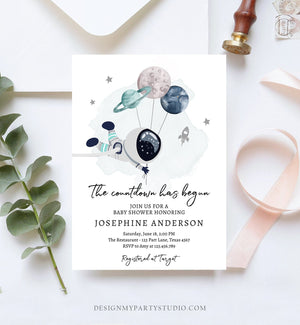 Editable Space Baby Shower Invitation Galaxy Outer Space It's a Boy Blue Planets Moon Countdown Invite Template Instant Download Corjl 0366