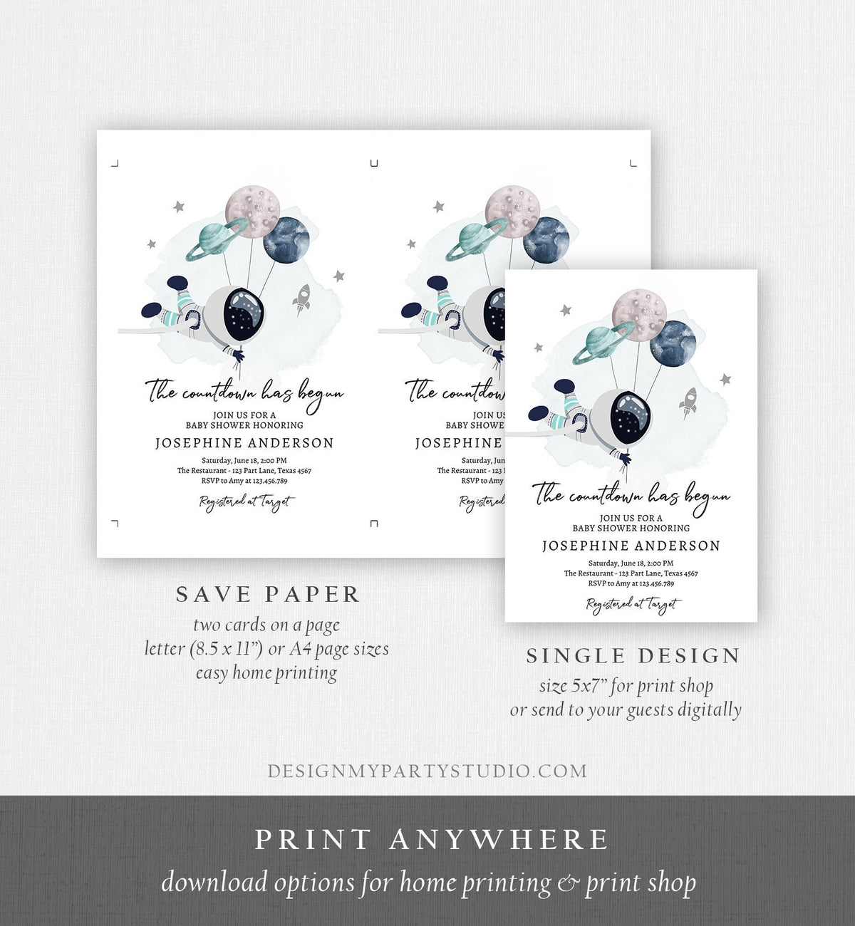 Editable Space Baby Shower Invitation Galaxy Outer Space It&#39;s a Boy Blue Planets Moon Countdown Download Evite Template Printable 0366