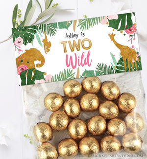 Editable Two Wild Treat Bag Toppers Safari Animals Girl Second Birthday 2nd Party Animals Gold Jungle Zoo Digital Template Printable 0016