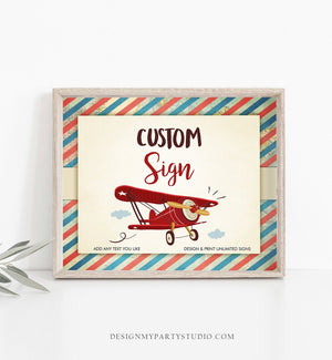 Editable Airplane Custom Sign Travel Adventure Baby Shower Birthday Sign Vintage Red Airplane Boy Pilot 8x10 Download PRINTABLE Corjl 0011