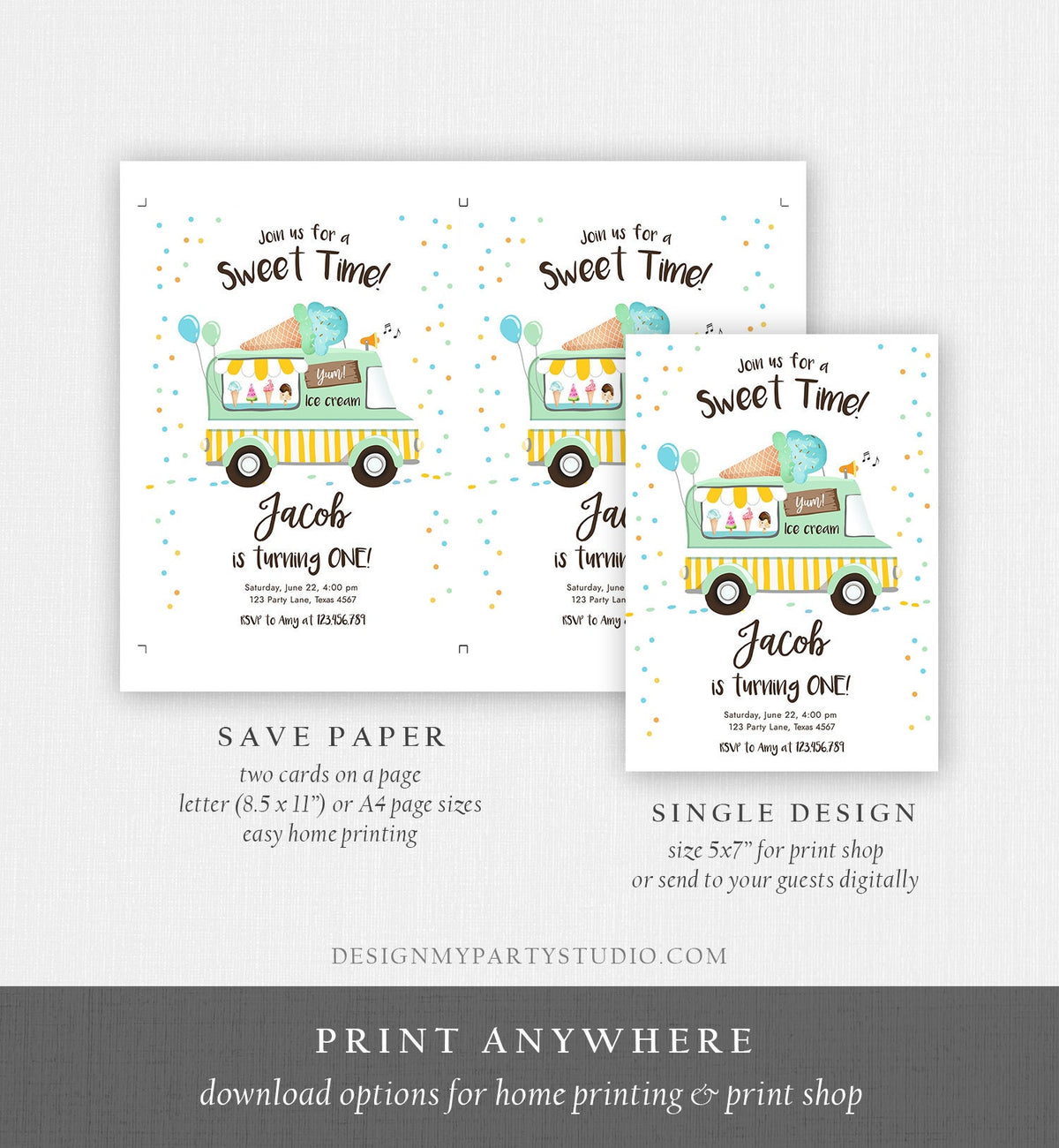 Editable Ice Cream Truck Birthday Invitation Ice Cream Birthday Party Cone Boy Girl Mint Yellow Summer Twin Digital Template Printable 0243