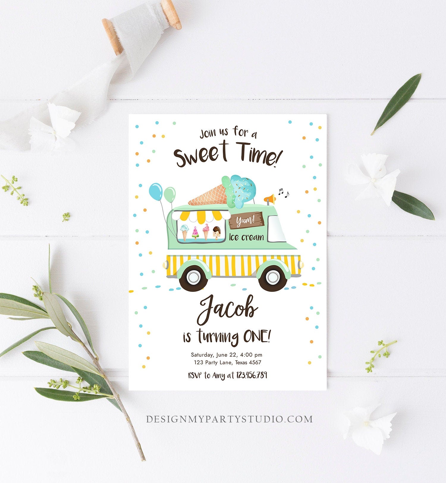 Editable Ice Cream Truck Birthday Invitation Ice Cream Birthday Party Cone Boy Girl Mint Yellow Summer Twin Digital Template Printable 0243