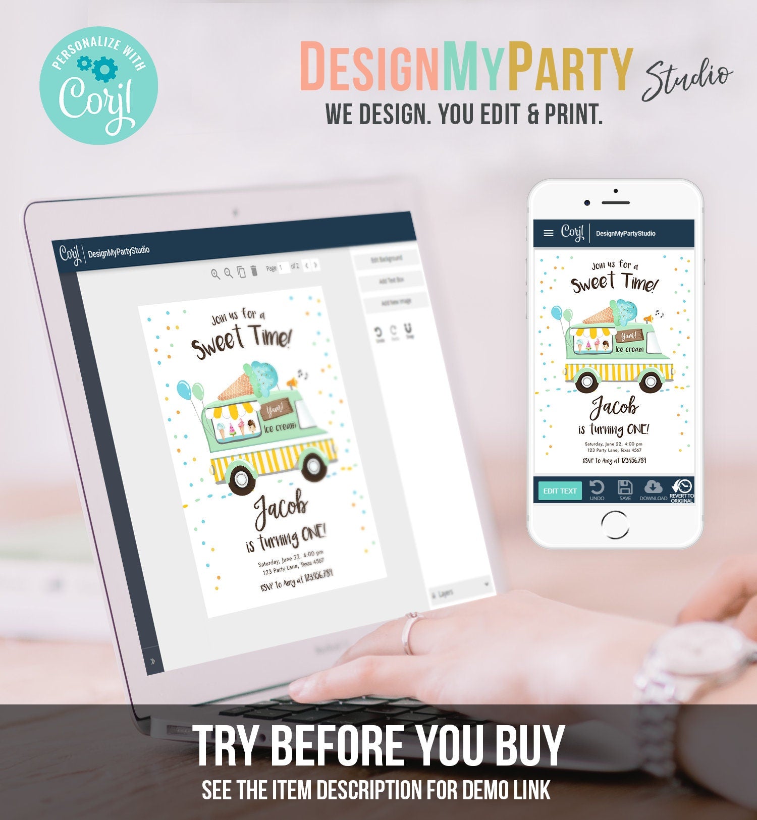 Editable Ice Cream Truck Birthday Invitation Ice Cream Birthday Party Cone Boy Girl Mint Yellow Summer Twin Digital Template Printable 0243