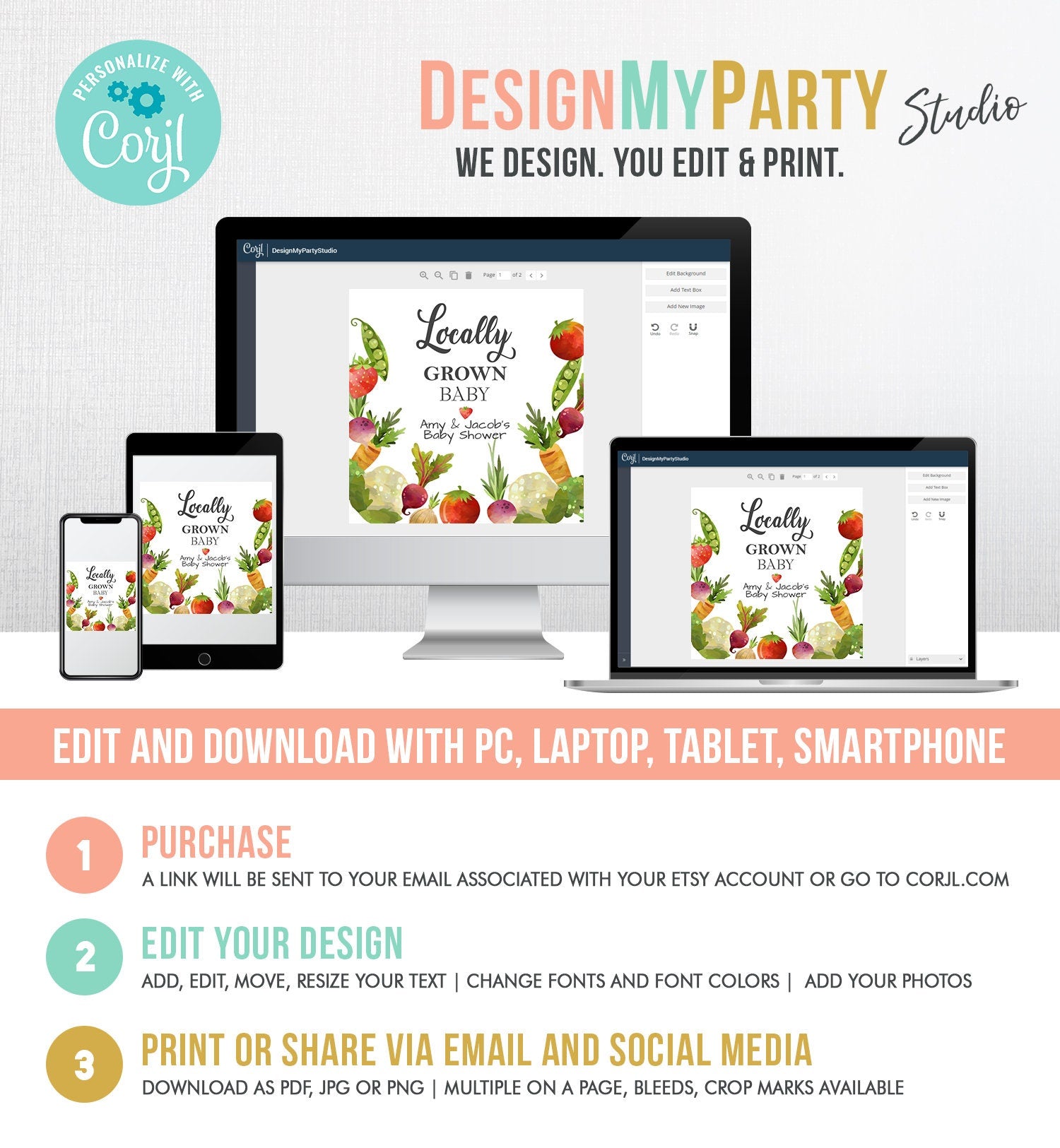 Editable Locally Grown Favor Tag Thank You Tag Birthday Farmers Market Baby Shower Vegetable Veggies Gender Neutral Corjl Template 0144