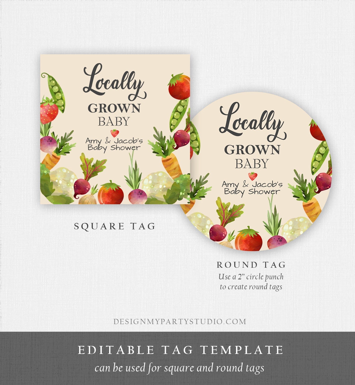 Editable Locally Grown Favor Tag Thank You Tag Birthday Farmers Market Baby Shower Vegetable Veggies Gender Neutral Template Printable 0144