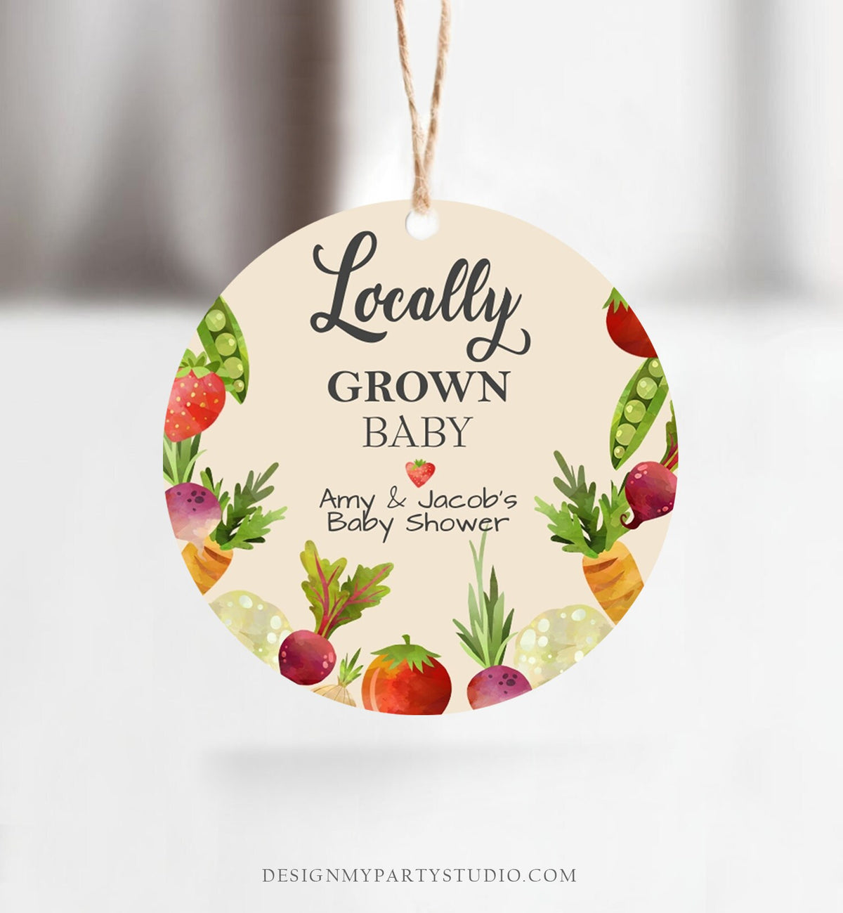 Editable Locally Grown Favor Tag Thank You Tag Birthday Farmers Market Baby Shower Vegetable Veggies Gender Neutral Template Printable 0144