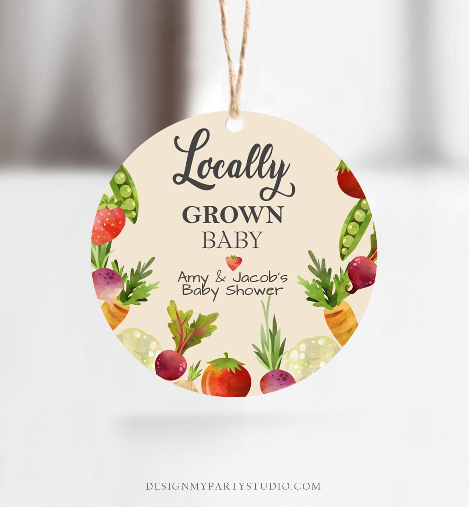 Editable Locally Grown Favor Tag Thank You Tag Birthday Farmers Market Baby Shower Vegetable Veggies Gender Neutral Template Printable 0144