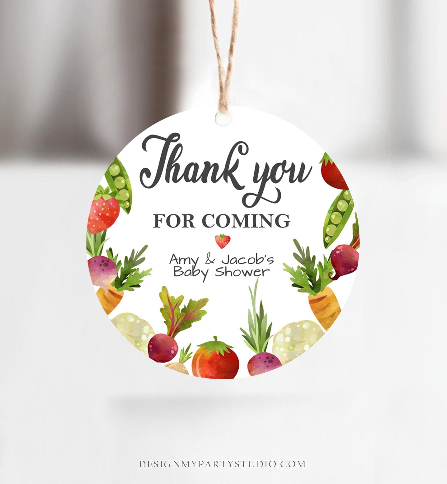 Editable Locally Grown Thank You Tag Birthday Farmers Market Favor Tag Baby Shower Vegetable Veggies Gender Neutral Corjl Template 0144