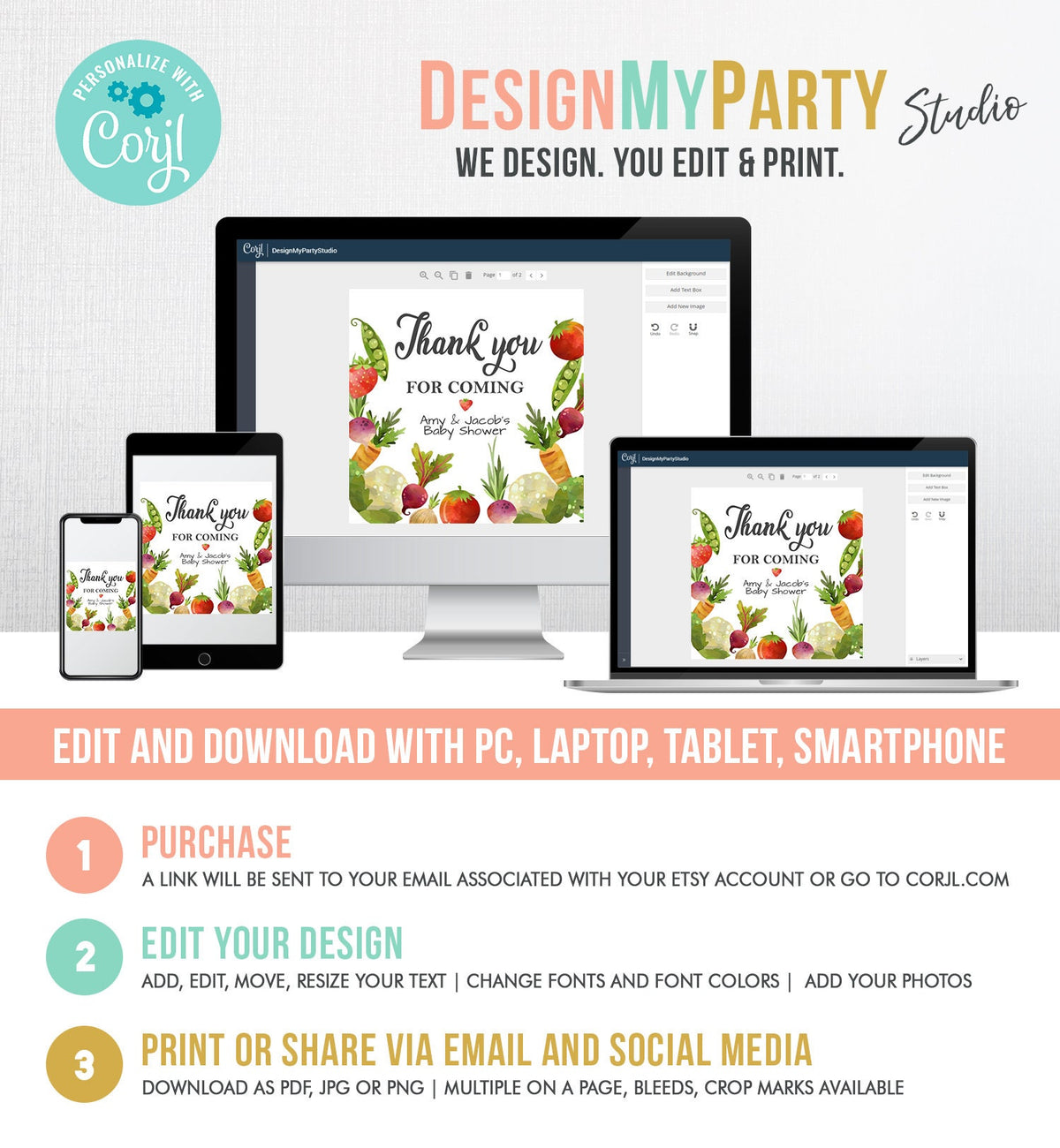 Editable Locally Grown Thank You Tag Birthday Farmers Market Favor Tag Baby Shower Vegetable Veggies Gender Neutral Template Printable 0144