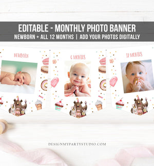 Editable Sweet One Monthly Photo Banner First Birthday Banner Pink Girl Candy Land Birthday Decor Sweet Shoppe Printable Corjl Template 0373