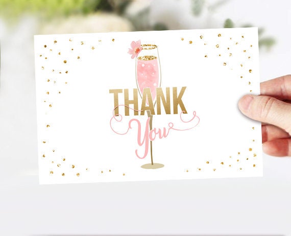 Brunch and Bubbly Thank you Card Champagne Thank You Note Floral Pink Gold Couples Shower Bubbly Bridal Shower 4x6&quot; Instant Download 0150