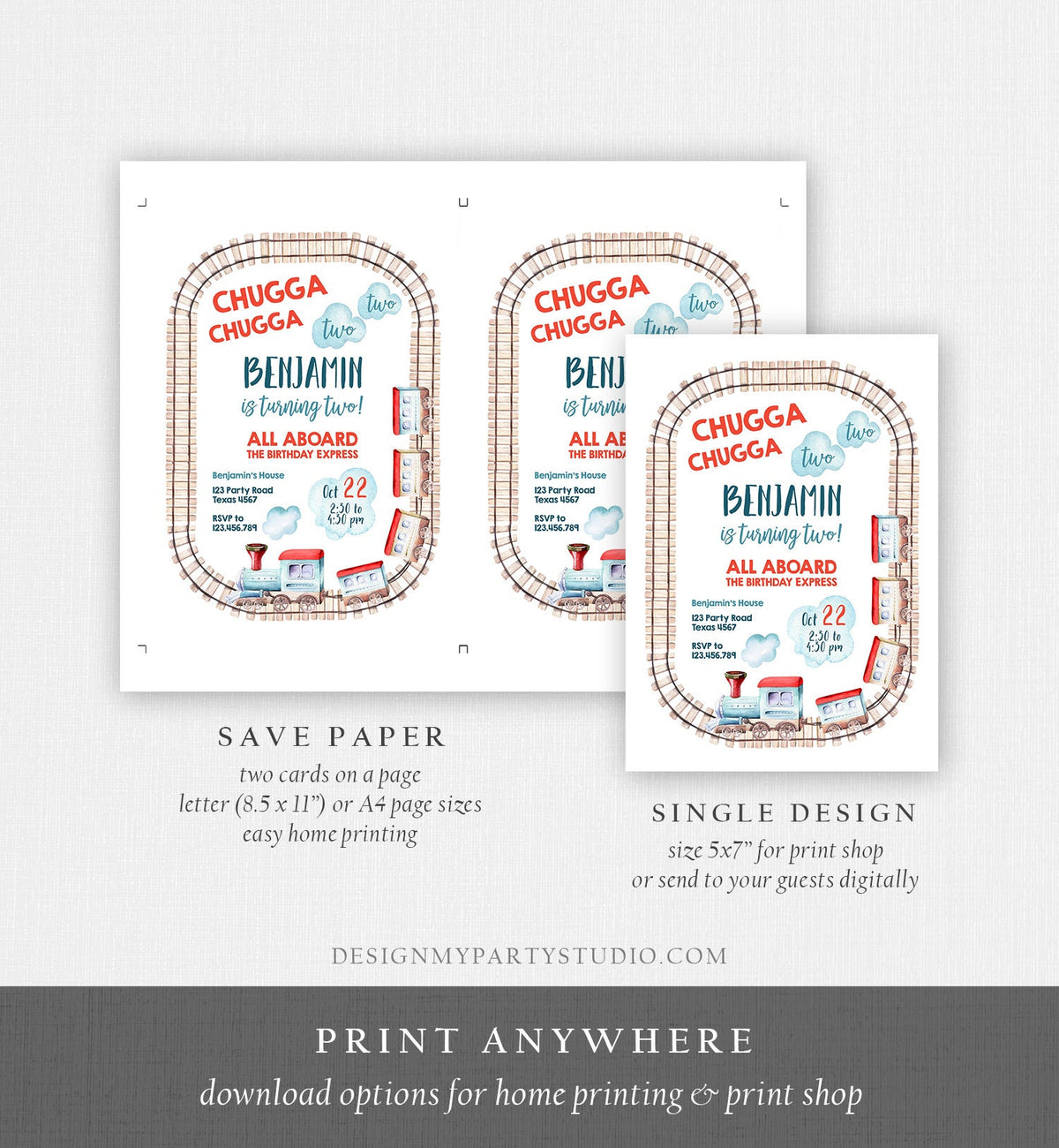 Editable Chugga Chugga Two Two Train Birthday Invitation Vintage Choo Choo Train Party Train Birthday Download Evite Template Printable 0149