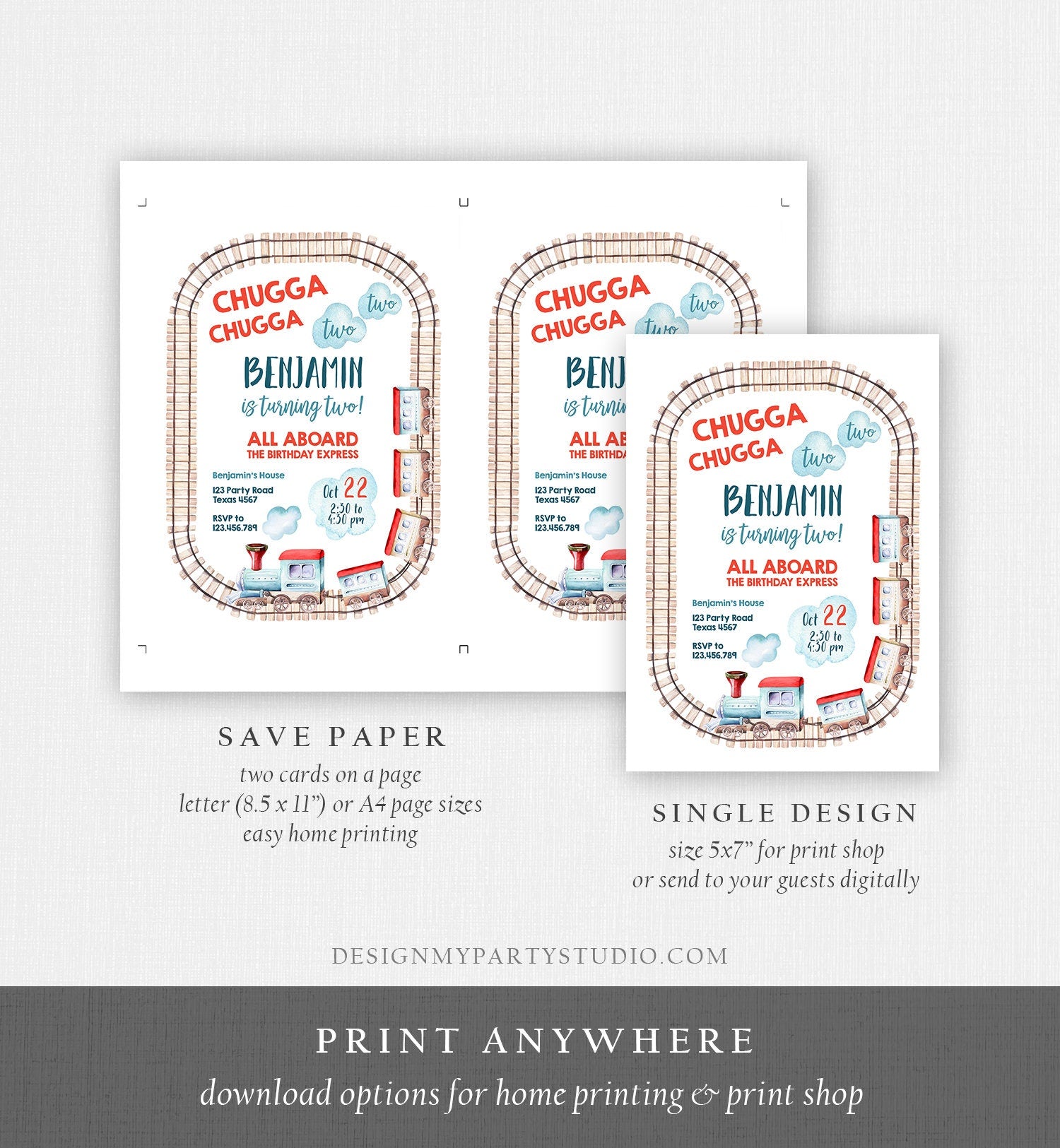 Editable Chugga Chugga Two Two Train Birthday Invitation Vintage Choo Choo Train Party Train Birthday Download Evite Template Printable 0149