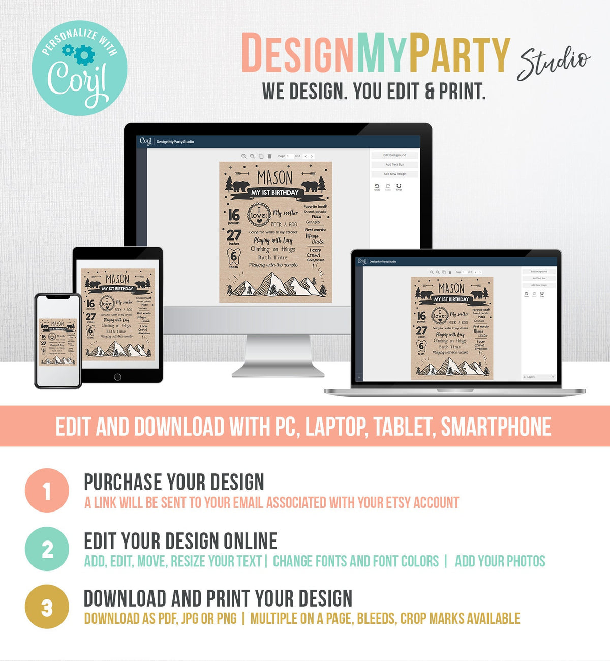 Editable Wild Adventure Birthday Milestones Sign Wild One First Birthday 1st Boy Onederful Wild Adventure Bear Corjl Template Printable 0083