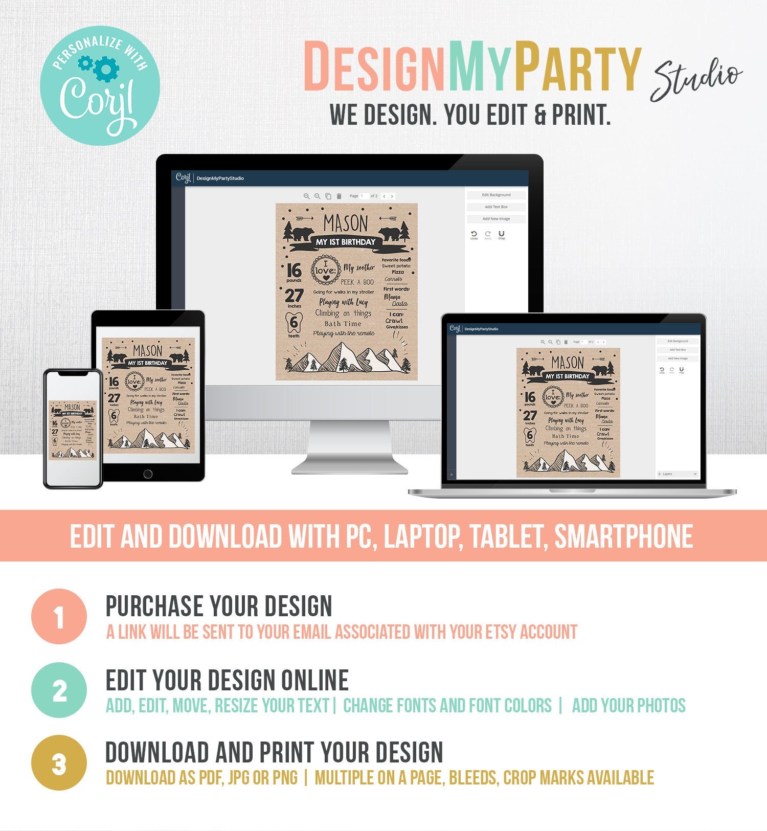 Editable Wild Adventure Birthday Milestones Sign Wild One First Birthday 1st Boy Onederful Wild Adventure Bear Corjl Template Printable 0083